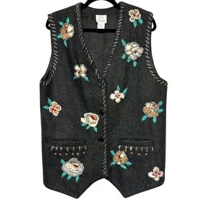 Together Vintage Dark Academia Embroidered Wool Vest Women Size M Cottagecore